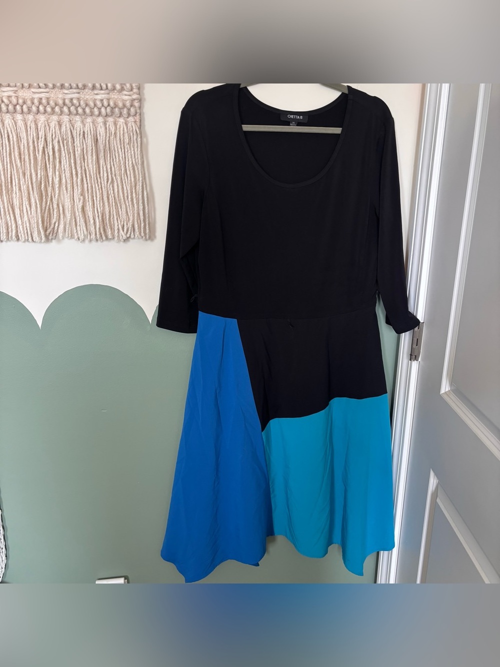 Chetta B Black with Royal and Teal Blue Colorblock Fit-and-Flare Dress